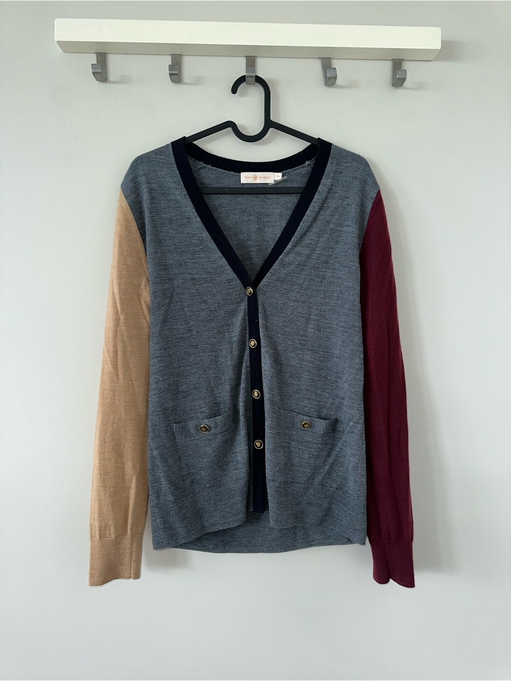 Colorblock V-Neck Cardigan Sweater - Gray with Tan & Burgundy Sleeves
